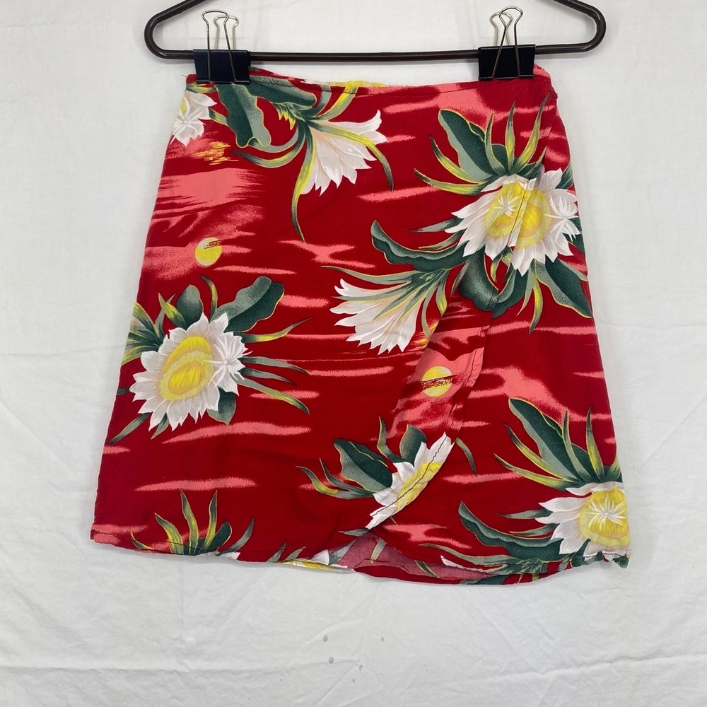 Island Planet Miami Beach Red Tropical Floral Faux Wrap Mini Skirt Womens ML